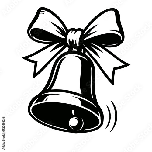 Classic ringing bell with an elegant decorative bow, presented in a crisp black and white vector illustration. Perfect for holiday designs, festive celebrations, Christmas ornaments, wedding invitatio