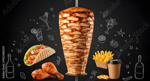Ultra-realistic commercial food poster featuring a tall chicken shawarma spit with crispy golden texture, smaller tacos, drumsticks, fries and coffee on black chalkboard background.