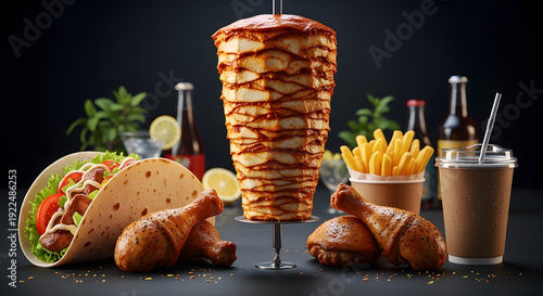 Ultra-realistic commercial food poster featuring a tall chicken shawarma spit with crispy golden texture, smaller tacos, drumsticks, fries and coffee on black chalkboard background.