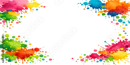 Abstract colorful watercolor background with a floral pattern border featuring vector flower illustrations and confetti stars for a spring celebration card design