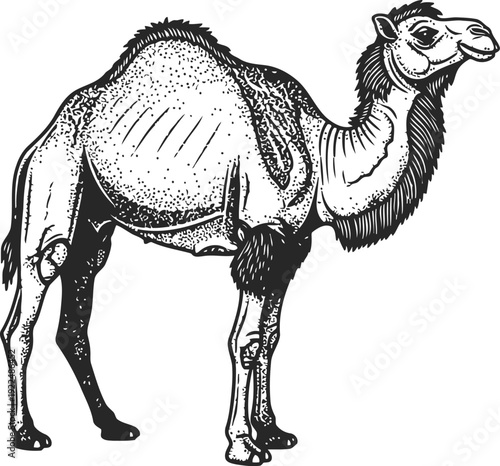 One Hump Camel Standing Side View Stippling Illustration