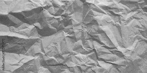 Grunge Halftone paper effect. Halftone crumpled paper texture with black a dotted, rough, and wrinkled surface. Wrinkled white paper in halftone collage style. Vector background