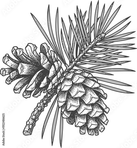 Pine Cones and Needles Branch Vintage Engraving Style Stock