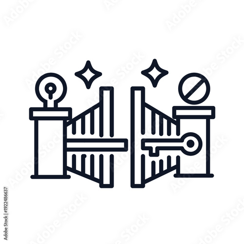 Access Control Gate Icon with Key Authorization and Denied Access Symbol
