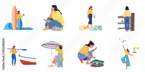 Collection of diverse women enjoying various summer and beach leisure activities, from surfing and exploring to relaxing by the sea.
