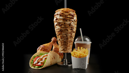 Ultra-realistic commercial food poster featuring a tall chicken shawarma spit with crispy golden texture, smaller tacos, drumsticks, fries and coffee on black chalkboard background.