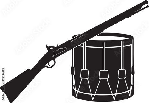 Musket and Military Drum Black Silhouette Isolated on White Vector Illustration