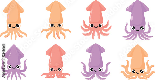 Cute squid cartoon icon set flat vector collection of colorful sea cephalopod characters isolated on light background