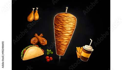 Ultra-realistic commercial food poster featuring a tall chicken shawarma spit with crispy golden texture, smaller tacos, drumsticks, fries and coffee on black chalkboard background.