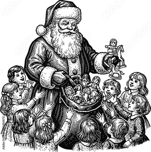 Santa Claus Distributing Toys to Eager Children from His Bag