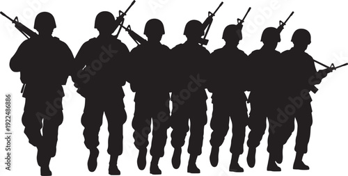 Soldiers Group Walking with Rifles Silhouette Isolated on White