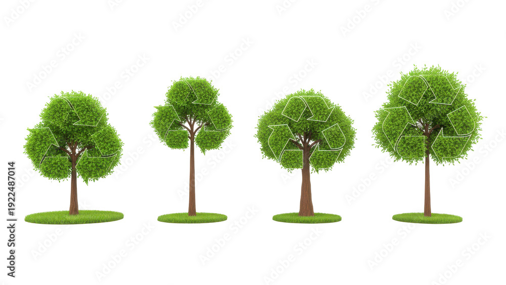 Fototapeta premium Four green trees isolated on transparent background