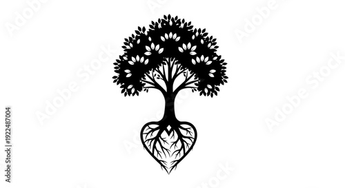 Tree with Heart-Shaped Roots Silhouette.