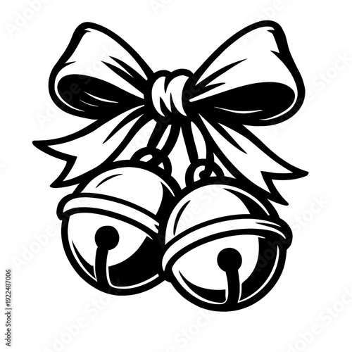 Black and White Jingle Bells with Festive Bow Vector Illustration for Christmas Holiday Decor, Winter Season Designs, New Year Celebrations, Greeting Cards, Banners, Posters, and DIY Craft Projects, O