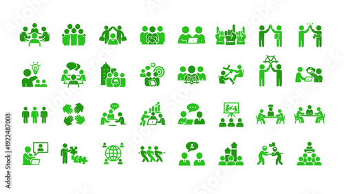Eco community and green lifestyle icon set featuring people, teamwork, environmental protection, tree planting, recycling, and sustainable development concepts.