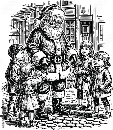 Santa Claus Giving Gifts to Children on Cobblestone Street
