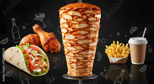 Ultra-realistic commercial food poster featuring a tall chicken shawarma spit with crispy golden texture, smaller tacos, drumsticks, fries and coffee on black chalkboard background.