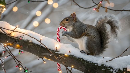 Squirrel candy cane enjoying a festive Christmas season