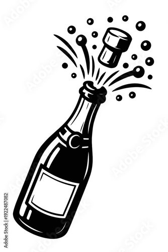 Dynamic black & white vector art: a champagne bottle with cork dramatically popping, releasing a vibrant burst of effervescent bubbles & sparkling spray. Perfect for celebrating joy, success, victory,