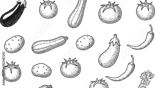 Sketch Vegetables Assortment: Eggplant Tomato Zucchini Potato Chili Pepper