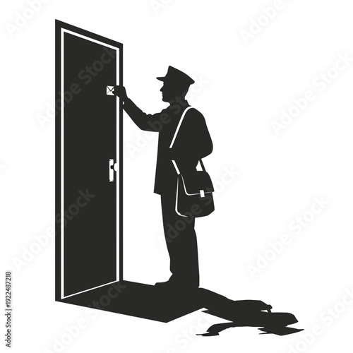 Mail carrier silhouette at door delivering mail