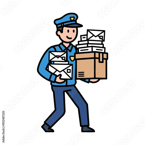 Happy mailman carrying letters and packages, delivering service