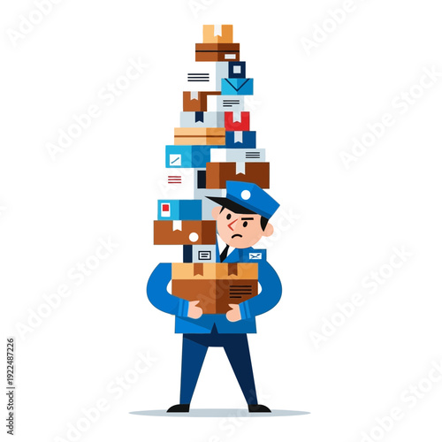 Overwhelmed postal worker struggling with a huge stack of packages