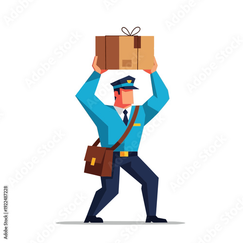 Mailman holding package above head, delivering postal service