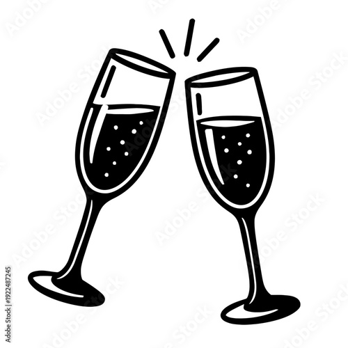 Elegant black and white champagne flutes clinking, filled with sparkling wine and effervescent bubbles, symbolizing celebration, joy, success, and new beginnings. Vector illustration perfect for toast