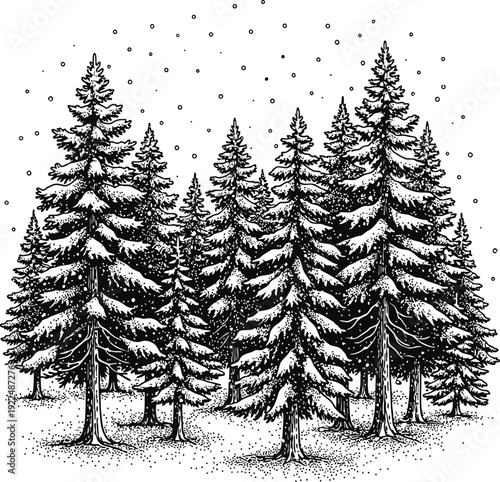 Snowy Pine Forest IllustrationWinter Landscape with Falling Snow