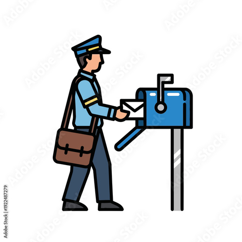 Postman delivering mail to blue mailbox, flat design illustration