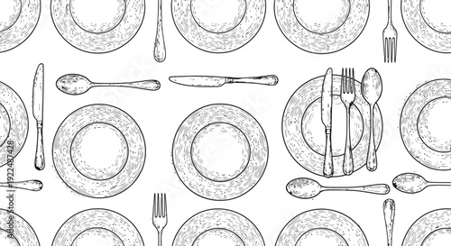 Table Setting Pattern With Plates Forks Knives Spoons Line Drawing