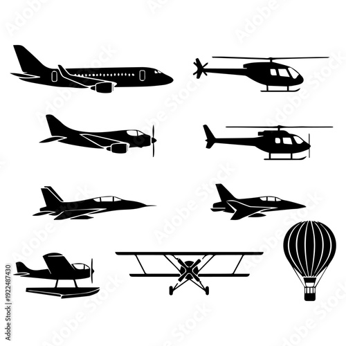 Aircraft silhouettes in black and white graphic style for aviation industry.