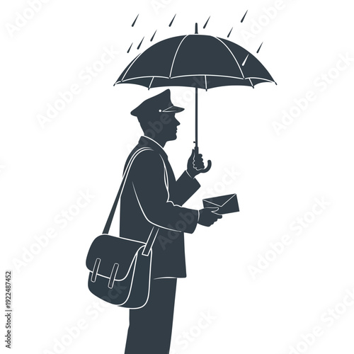 Postman with umbrella delivering mail in the rain