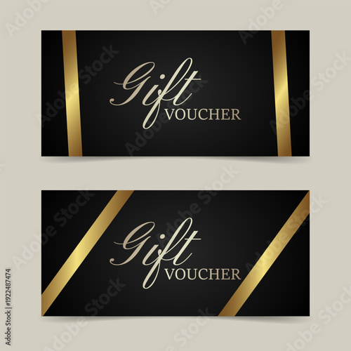 A gift voucher template with a gold realistic ribbon. Vector illustration.