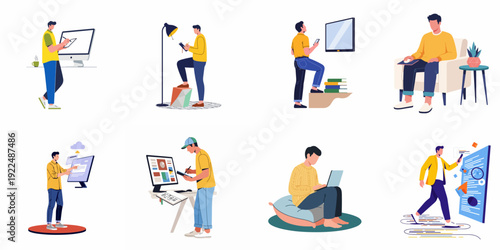 Diverse individuals engaging with technology for work, learning, and creative tasks, illustrating modern digital lifestyles and professional activities.