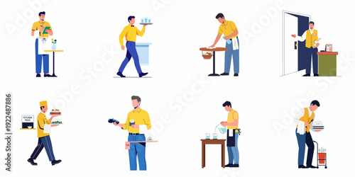Restaurant Staff Flat Illustration Collection: Waiters, Chefs, and Service Professionals Performing Diverse Duties in Hospitality.