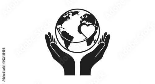 Hands holding the Earth with a heart on it, symbolizing care and protection.