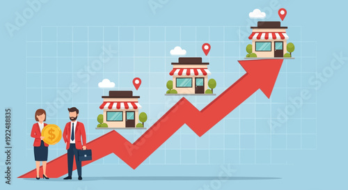 Business growth graph with rising trend, entrepreneurs, and retail storefronts, isometric illustration, upward trajectory, and success indicators