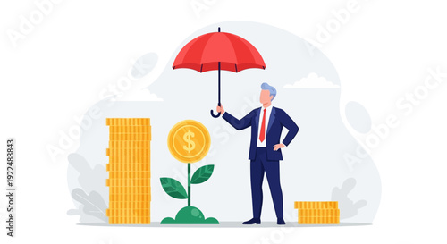 Businessman protecting growing money plant with red umbrella, symbolizing financial security and investment protection
