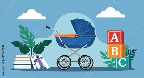Baby stroller with books and blocks in a serene outdoor setting viewed from the side