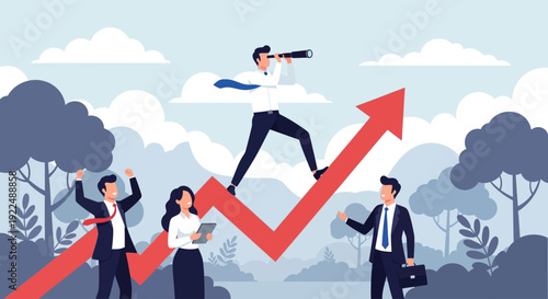 Business professionals climbing a giant red arrow, symbolizing career growth and success, in a landscape with trees and cloudy sky.