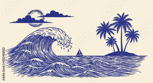 Serene ocean wave illustration with palm trees and sailboat on tropical island from aerial viewpoint