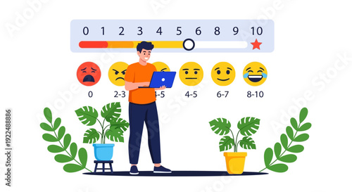 Man evaluating feedback on laptop surrounded by plants in a modern setting