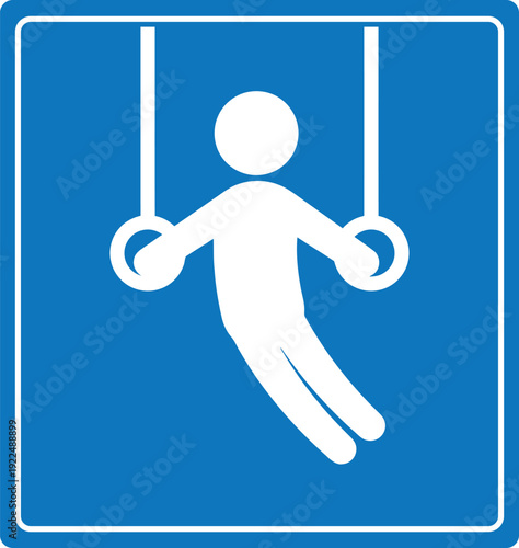 Blue sports sign with white pictogram of an athlete performing on gymnastics rings