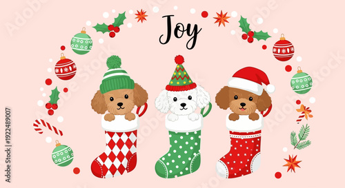 Three cartoon dogs in Christmas stockings surrounded by festive decorations and holiday cheer elements in a circular frame