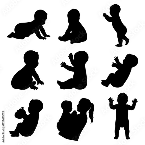 Baby silhouettes in various poses on white background in flat design for childhood and parenting themes.