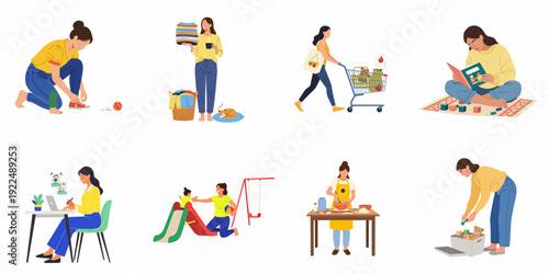 A Woman's Daily Life: Household Chores, Work, Leisure, and Family Time - A Comprehensive Illustration Collection.