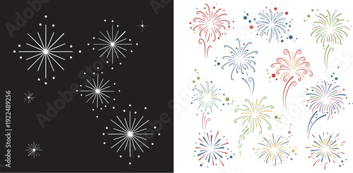 A diverse vector set featuring twelve hand-drawn, sketchy firework plumes in black and white, paired with nine vibrant, multi-layered radial bursts in a bold red, orange, and black color palette.
