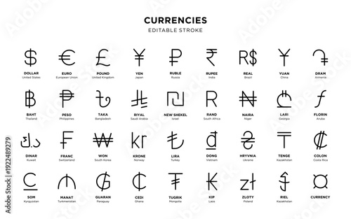 Set of world currency symbols with editable stroke
